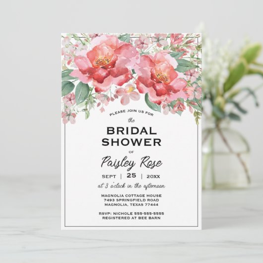 Elegant Floral Pink Bridal Shower 招待状 (スタンド正面)