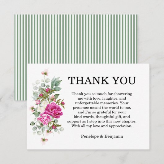 Elegant Floral Pink Peony Monogram Wedding サンキューカード (正面/裏面)