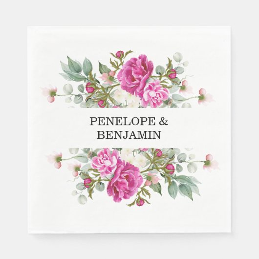 Elegant Floral Pink Peony Monogram Wedding スタンダードランチョンナプキン (正面)
