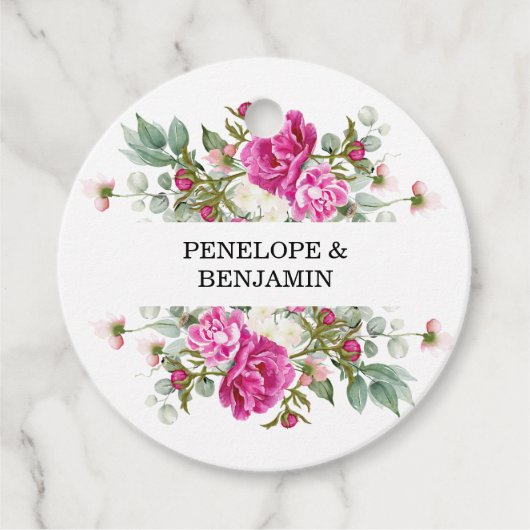Elegant Floral Pink Peony Monogram Wedding フェイバータグ (正面)