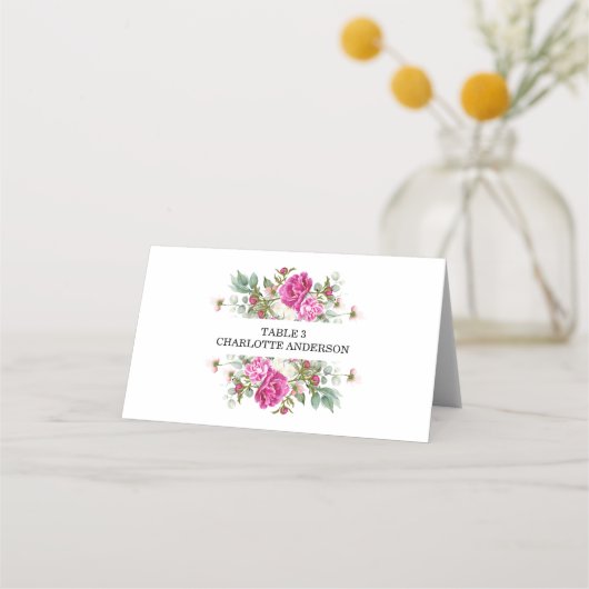 Elegant Floral Pink Peony Monogram Wedding プレイスカード (正面)