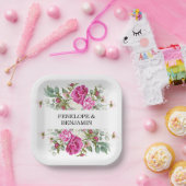 Elegant Floral Pink Peony Monogram Wedding ペーパープレート (パーティー)