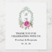 Elegant Floral Pink Peony Monogram Wedding ワインラベル (シングルラベル)