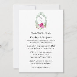 Elegant Floral Pink Peony Monogram Wedding 招待状