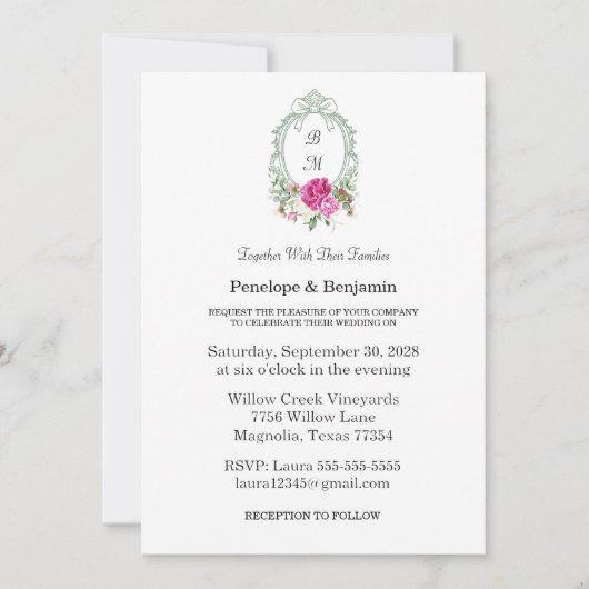 Elegant Floral Pink Peony Monogram Wedding 招待状 (正面)