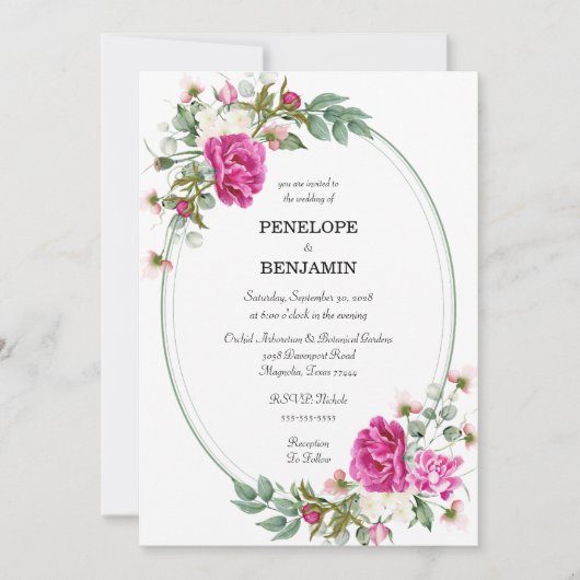 Elegant Floral Pink Peony Monogram Wedding 招待状 (正面)