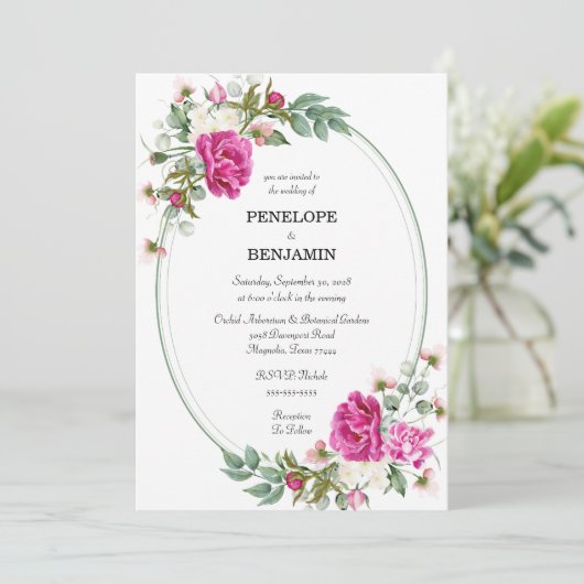 Elegant Floral Pink Peony Monogram Wedding 招待状 (スタンド正面)