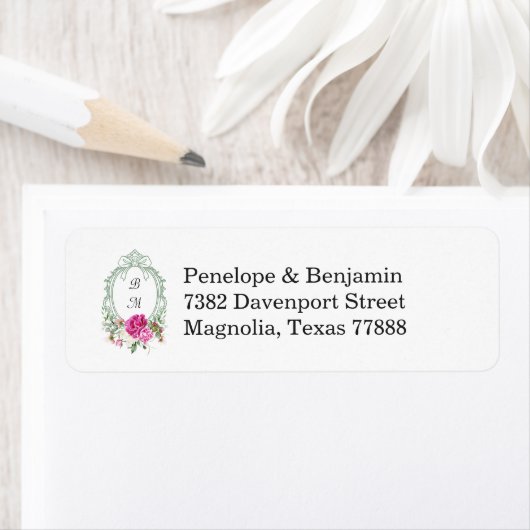 Elegant Floral Pink Peony Monogram Wedding Address ラベル (インサイチュ)