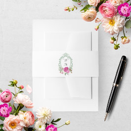 Elegant Floral Pink Peony Monogram Wedding Address 招待状ベリーバンド
