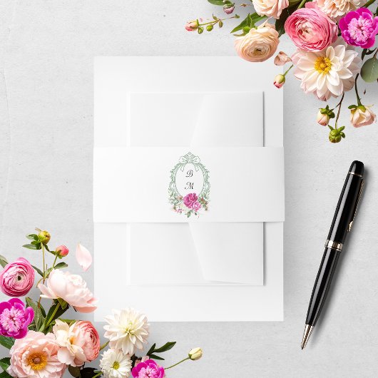 Elegant Floral Pink Peony Monogram Wedding Address 招待状ベリーバンド