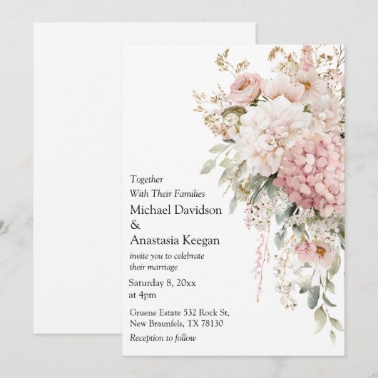 Elegant Floral Pink script Wedding Invitation  ノートカード (正面/裏面)