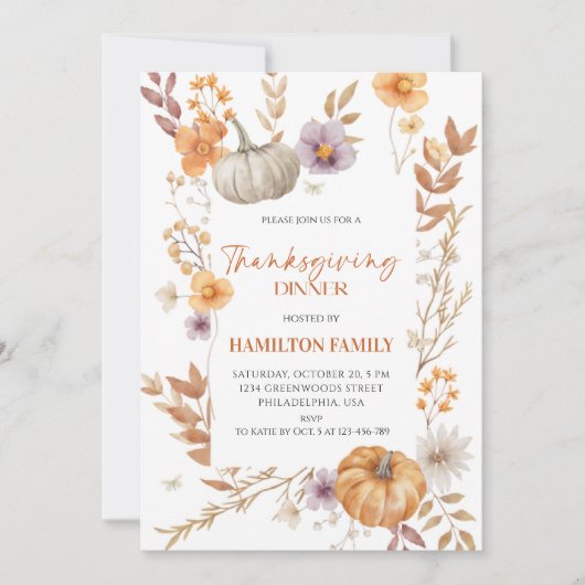 Elegant Floral Pumpkin Thanksgiving Dinner  招待状 (正面)