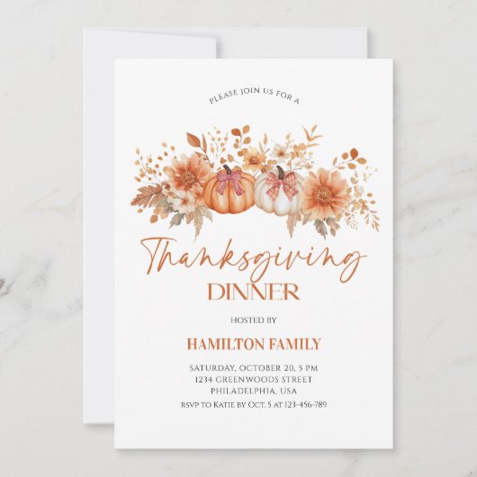 Elegant Floral pumpkin Thanksgiving Dinner party 招待状 (正面)