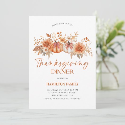 Elegant Floral pumpkin Thanksgiving Dinner party 招待状 (スタンド正面)