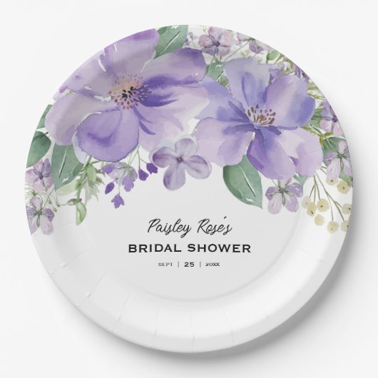 Elegant Floral Purple Bridal Shower ペーパープレート (正面)