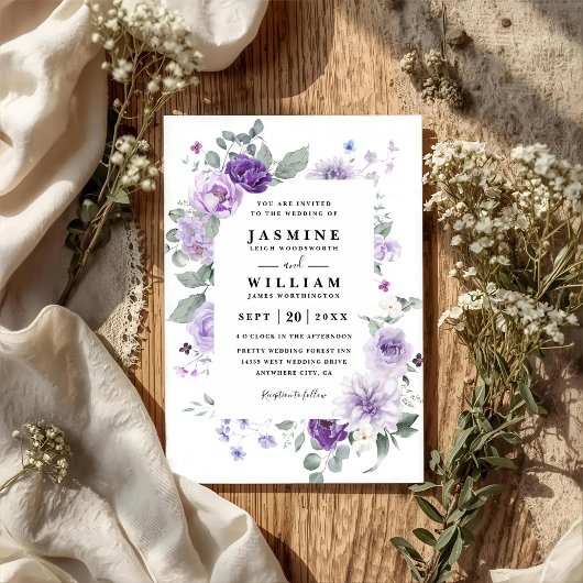 Elegant Floral Purple Rustic QR Code Wedding 招待状