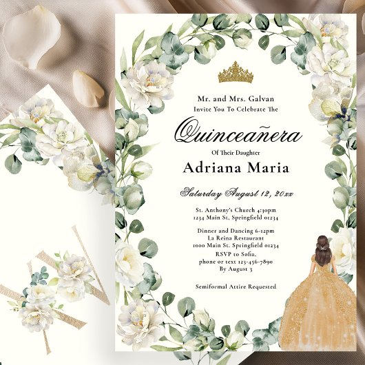 Elegant Floral Quinceanera Invitation Gold Dress 招待状