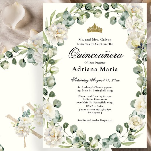 Elegant Floral Quinceanera Invitation Ivory Flower 招待状