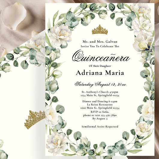 Elegant Floral Quinceanera Invitation Ivory Flower 招待状