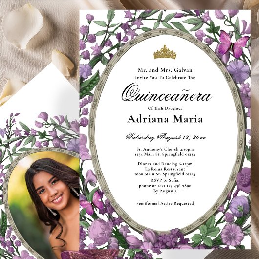 Elegant Floral Quinceanera Invitation Pink Flowers 招待状
