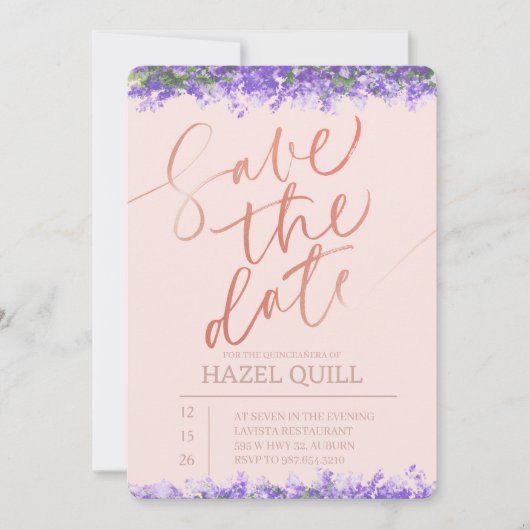 Elegant Floral Quinceañera Save the Date 招待状 (正面)