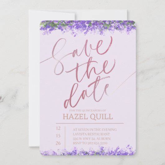 Elegant Floral Quinceañera Save the Date 招待状 (正面)