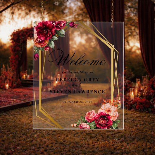 Elegant floral red black moody Romantic wedding アクリルサイン