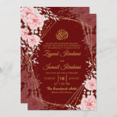 Elegant Floral Red Gold Islamic Muslim Wedding 招待状 (正面/裏面)