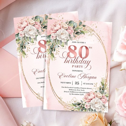 Elegant Floral Rose Gold Greenery 80th Birthday   招待状