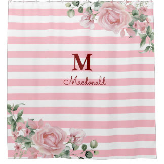Elegant Floral Rose Striped Monogram シャワーカーテン