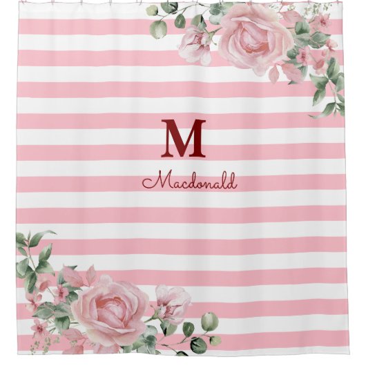 Elegant Floral Rose Striped Monogram シャワーカーテン (正面)