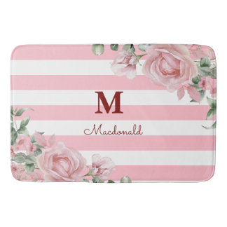 Elegant Floral Rose Striped Monogram バスマット