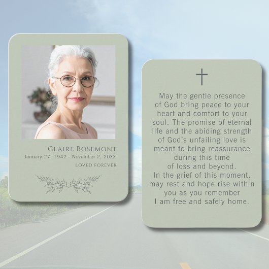Elegant Floral Sage Green Funeral Prayer Card 名刺