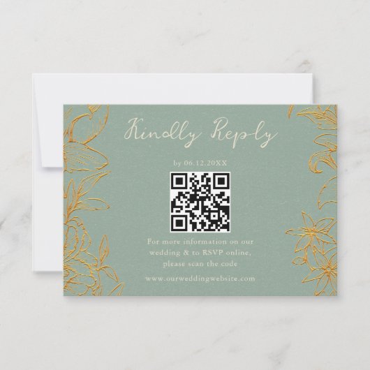 Elegant Floral Sage Green Gold QR Code Wedding 出欠カード (正面)