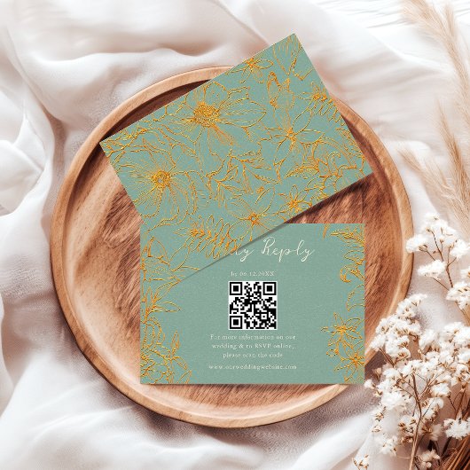 Elegant Floral Sage Green Gold QR Code Wedding 出欠カード