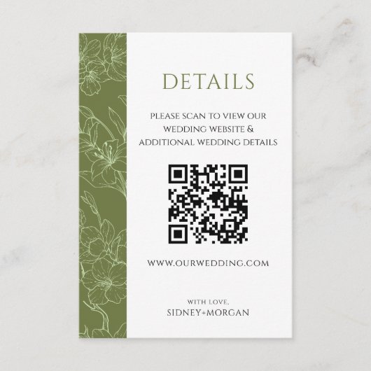 Elegant Floral Sage Green Wedding QR code Details エンクロージャーカード (正面)