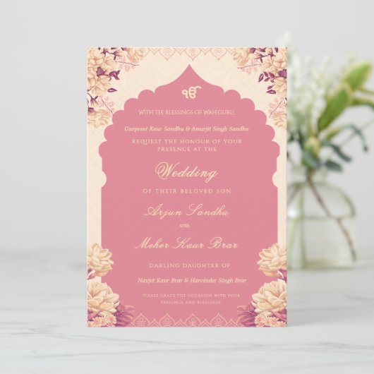 Elegant Floral Sikh Wedding | Punjabi Wedding 招待状 (スタンド正面)