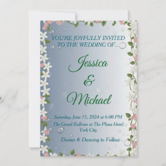 Elegant Floral Silver & Blue Wedding Invitation 招待状