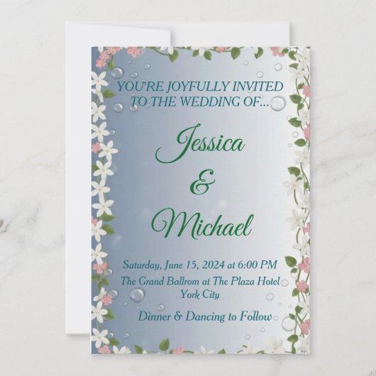 Elegant Floral Silver & Blue Wedding Invitation  招待状 (正面)