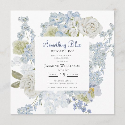 elegant Floral Something Blue Bridal shower QR  招待状 (正面)