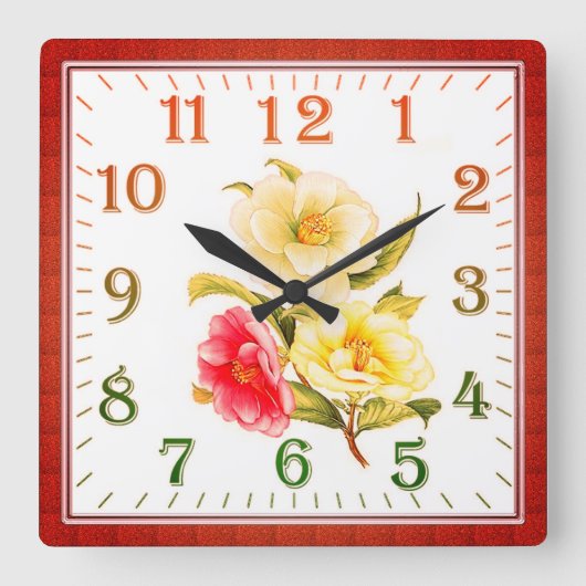 Elegant Floral Square Acrylic Wall Clock スクエア壁時計 (正面)
