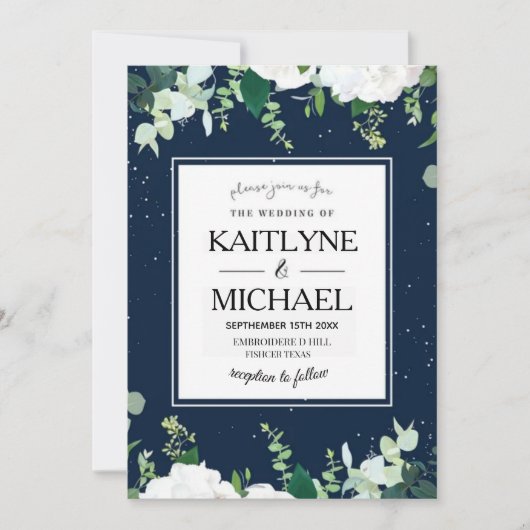Elegant Floral Square Botanical Navy Wedding  招待状 (正面)