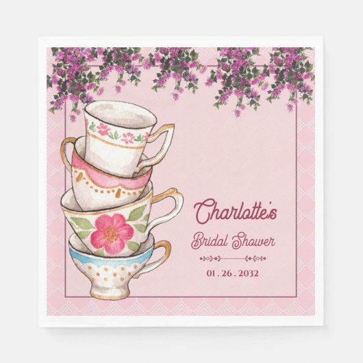 Elegant Floral Stacked Teacups Bridal Shower Party スタンダードランチョンナプキン (正面)