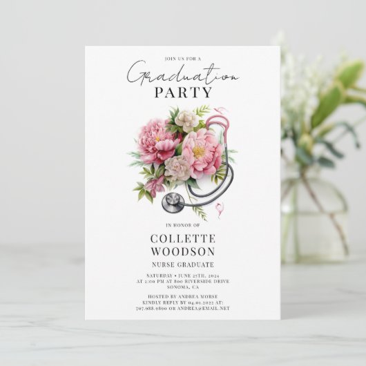 Elegant Floral Stethoscope Nurse Graduation 招待状 (スタンド正面)