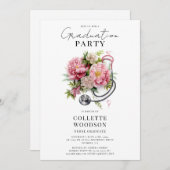 Elegant Floral Stethoscope Nurse Graduation  招待状 (正面/裏面)