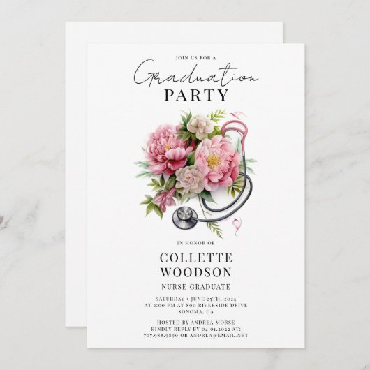 Elegant Floral Stethoscope Nurse Graduation  招待状 (正面/裏面)