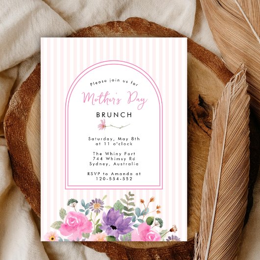 Elegant Floral Stripted pink Mothers Day Brunch 招待状