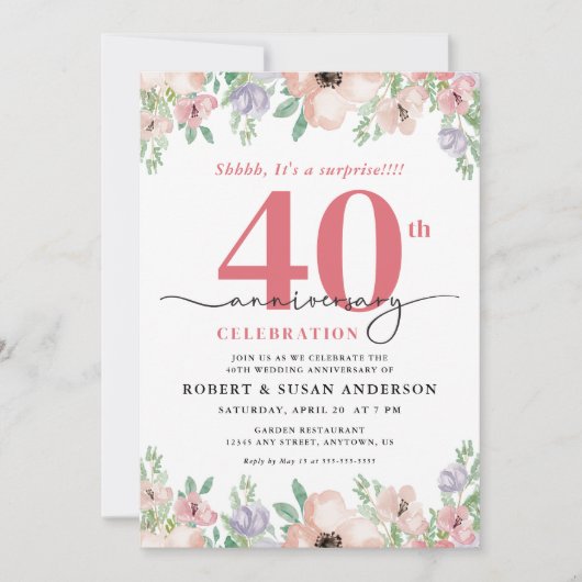 Elegant Floral Surprise 40th Wedding Anniversary 招待状 (正面)
