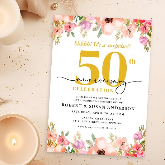 Elegant Floral Surprise 50th Wedding Anniversary 招待状