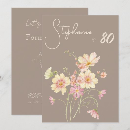 Elegant Floral Taupe Blush 80th Birthday 招待状 (正面/裏面)